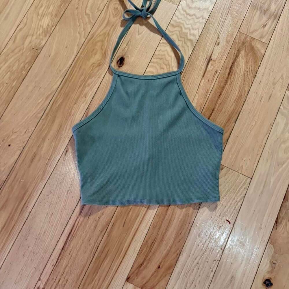 Fruit Tilt Green Ribbed Halter Crop Top